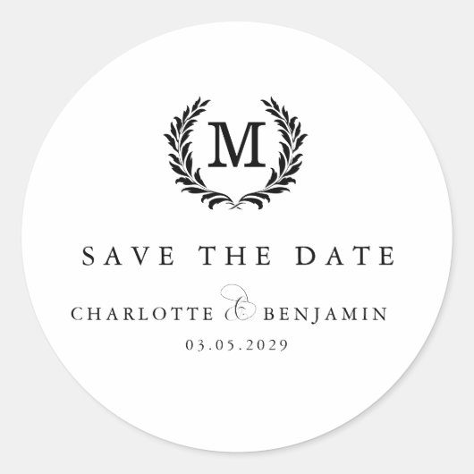 Save the date! Elegant Crest Monogram Wit Ronde Sticker (Voorkant)