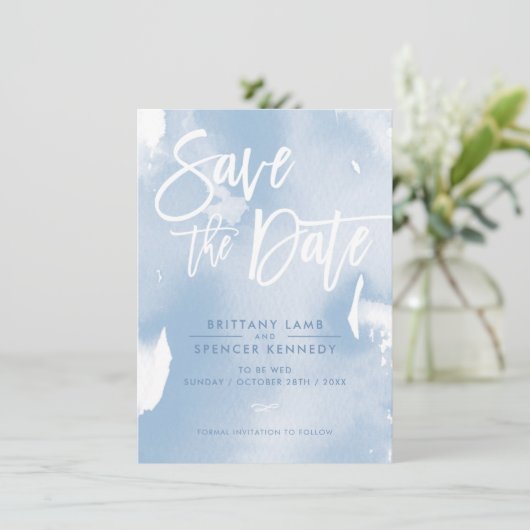 SAVE THE DATE elegant geverfd bord blauw waterverf (Staand voorkant)