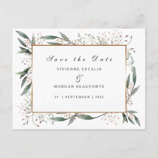 Save The Date elegant groen blad goud Briefkaart (Voorkant)