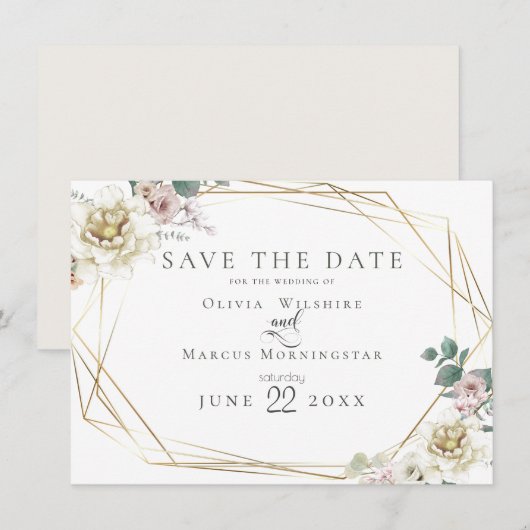 Save the date | Elegant Ivory en Blush Floral Kaart (Voorkant / Achterkant)