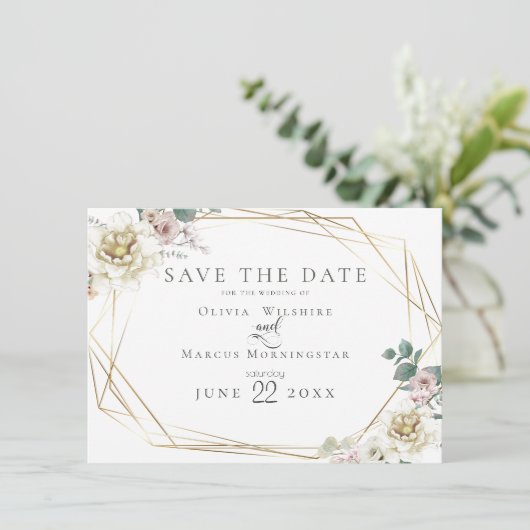 Save the date | Elegant Ivory en Blush Floral Kaart (Staand voorkant)