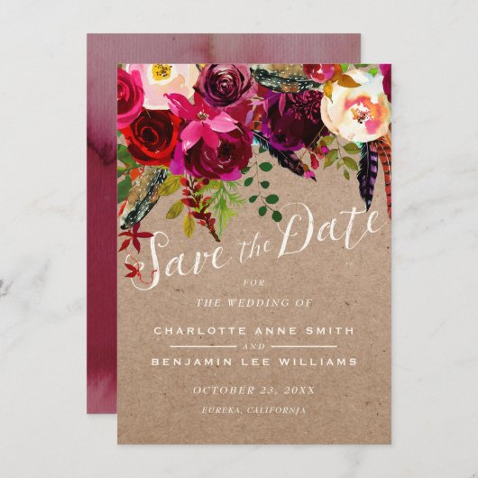 Save the date | Elegante Bloemen Rustieke Boho Wed (Voorkant / Achterkant)