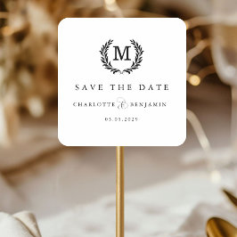 Save The Date! Elegante Crest Monogram Wit Vierkante Sticker