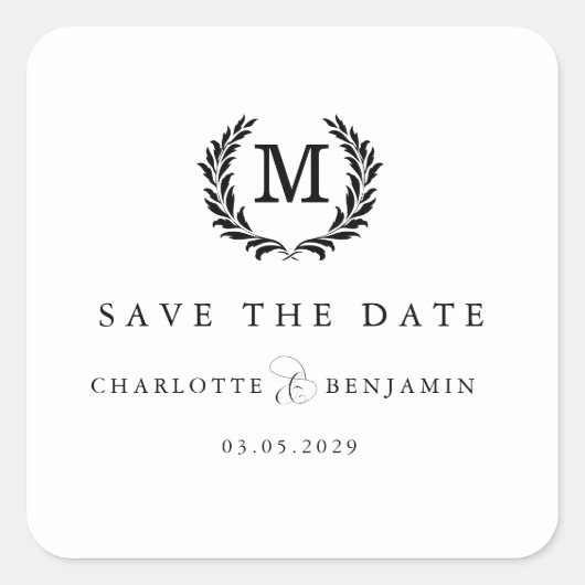 Save The Date! Elegante Crest Monogram Wit Vierkante Sticker (Voorkant)