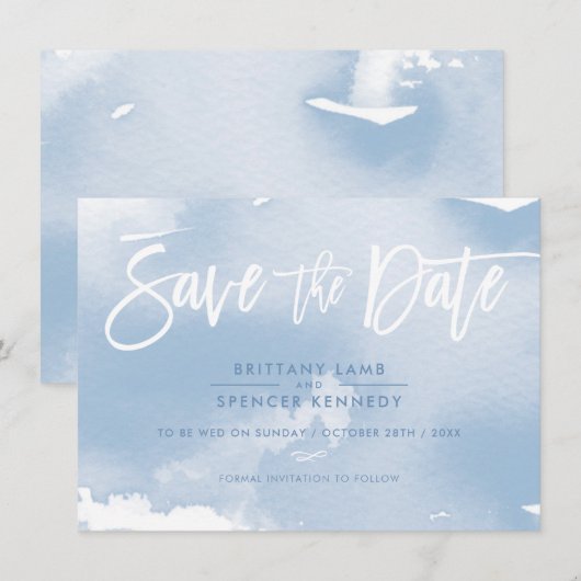 SAVE THE DATE elegante gedempte bleek blauwe water (Voorkant / Achterkant)