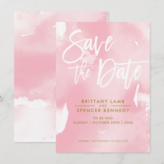 SAVE THE DATE elegante geschilderde bleek roze wat (Voorkant / Achterkant)