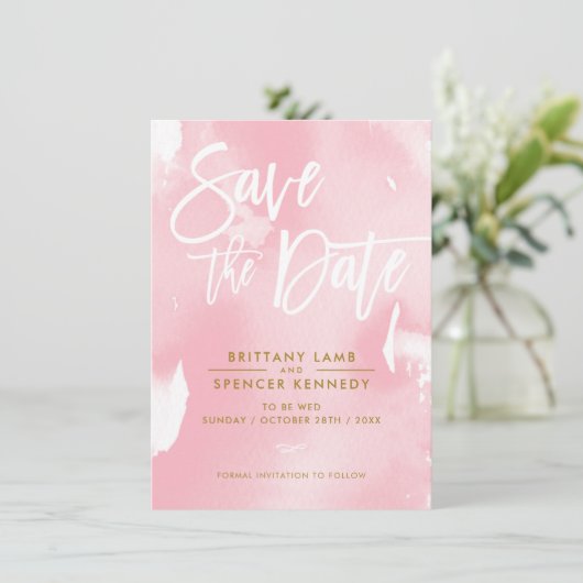 SAVE THE DATE elegante geschilderde bleek roze wat (Staand voorkant)