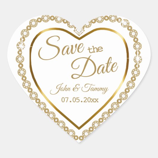 Save the date | Elegante gouden diamanten Hart Sticker (Voorkant)