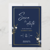 Save the Date - Elegante marineblauw en gouden blo (Voorkant)