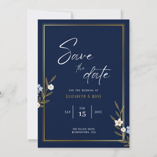 Save the Date - Elegante marineblauw en gouden blo (Voorkant)