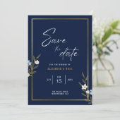 Save the Date - Elegante marineblauw en gouden blo (Staand voorkant)