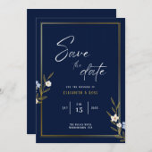 Save the Date - Elegante marineblauw en gouden blo (Voorkant / Achterkant)