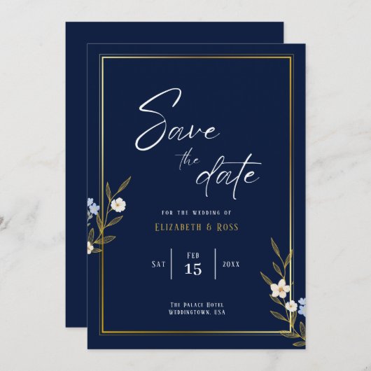Save the Date - Elegante marineblauw en gouden blo (Voorkant / Achterkant)