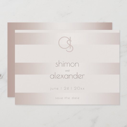 Save the date | Elegante Mocha Blush Pearl Stripes (Voorkant / Achterkant)