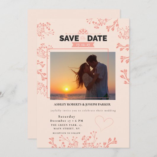 Save the Date – Elegante Roze Bloemen Fotobruiloft Feestdagenkaart (Voorkant / Achterkant)