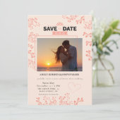 Save the Date – Elegante Roze Bloemen Fotobruiloft Feestdagenkaart (Staand voorkant)