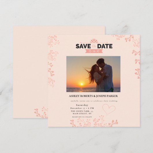 Save the Date – Elegante Roze Bloemen Fotobruiloft Kaart (Voorkant / Achterkant)