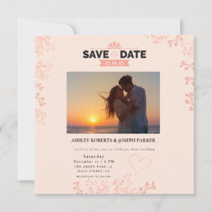 Save the Date – Elegante Roze Bloemen Fotobruiloft Kaart