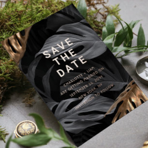 Save The Date Elegante Zwarte Gouden Bladeren Bloe Folie Uitnodiging