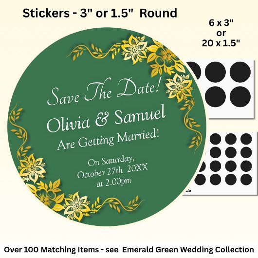 Save The Date - Emerald Green & Gold Ronde Sticker