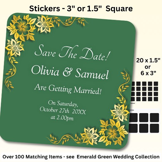 Save The Date - Emerald Green & Gold Vierkante Sticker