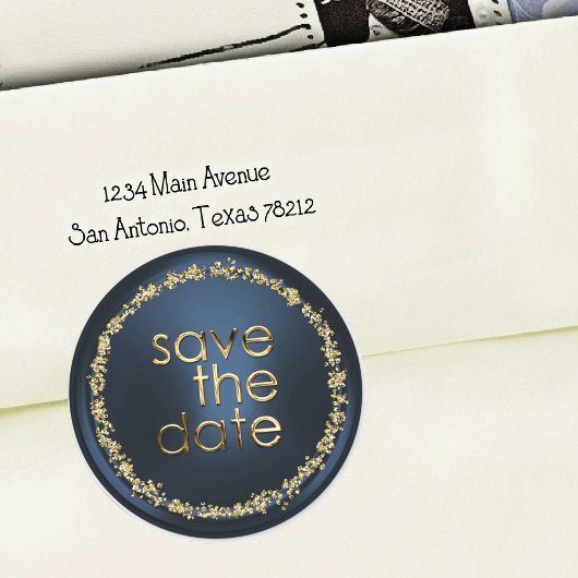 Save the Date Envelopzegel Navyblauw Goud Ronde Sticker