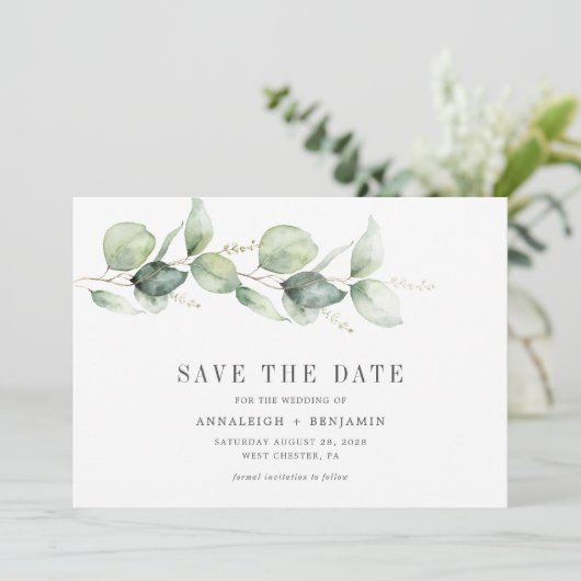 Save the Date Eucalyptus Groene Foto Script (Staand voorkant)