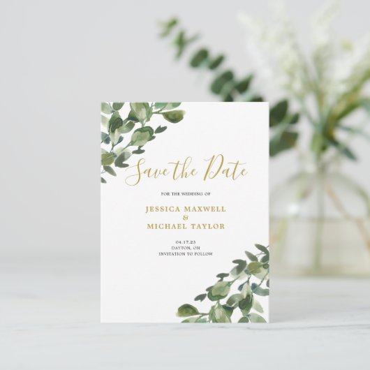 Save The Date Eucalyptus Waterverf  Aankondigingskaart (Staand voorkant)