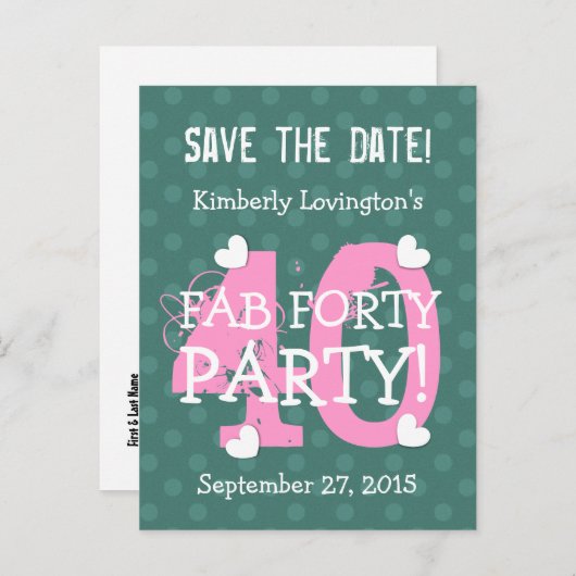 Save the Date FAB 40 Verjaardagsfeest V06A ROZE BL Aankondigingskaart (Voorkant / Achterkant)