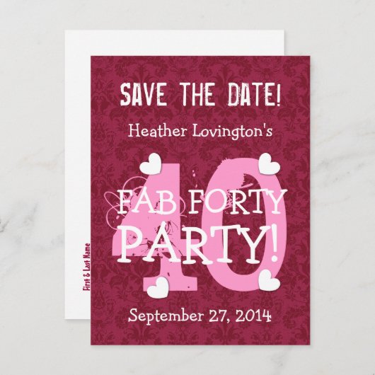 Save the Date FAB 40 Verjaardagsfeest V09 WIJN ROO Aankondigingskaart (Voorkant / Achterkant)