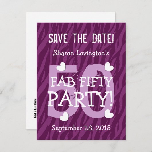 Save the Date FAB 50 Verjaardag V50A PAARSE ZEBRA Aankondigingskaart (Voorkant / Achterkant)