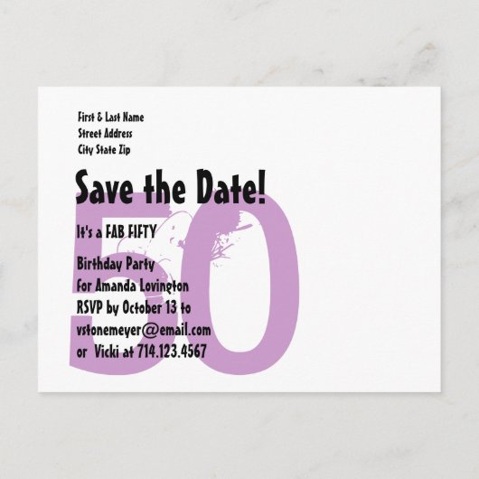 Save the Date FAB 50 Verjaardag V50A PAARSE ZEBRA Aankondigingskaart (Achterkant)