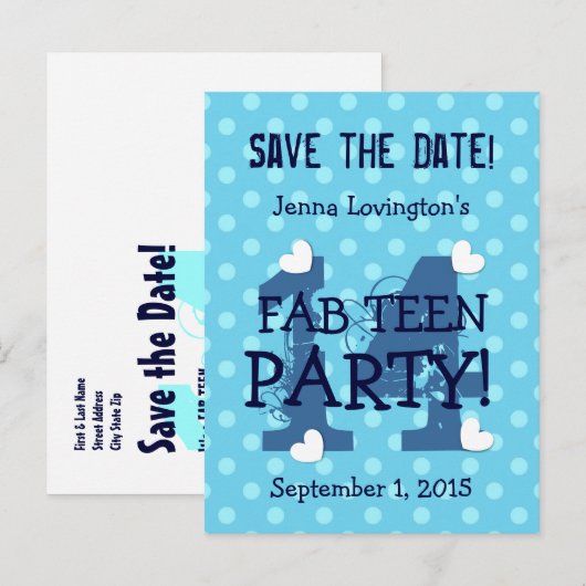 Save the Date FAB TEEN Verjaardag V14A BLAUW AQUA Aankondigingskaart (Voorkant / Achterkant)