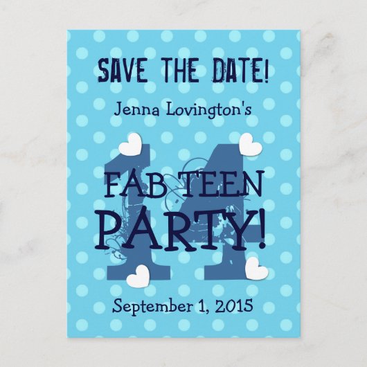 Save the Date FAB TEEN Verjaardag V14A BLAUW AQUA Aankondigingskaart (Voorkant)