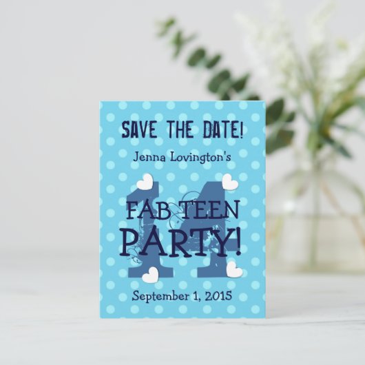 Save the Date FAB TEEN Verjaardag V14A BLAUW AQUA Aankondigingskaart (Staand voorkant)