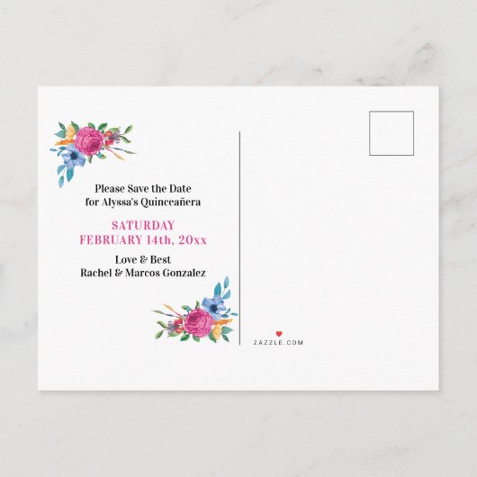 Save the Date Fiesta Bloemen Wit en Bloemen Aankondigingskaart (Achterkant)