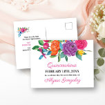 Save the Date Fiesta Bloemen Wit en Bloemen Aankondigingskaart<br><div class="desc">Floral Bewaar de Date Briefkaarten met waterverf fiesta bloemen, die voor elke gelegenheid kunnen worden aangepast. Deze witte kaart heeft een overvloed aan kleurrijke bloemen, elegant roze schrift en moderne typografie. Een prachtig bloemontwerp inclusief pioen, roos, fuchsia, lelie en groen in tinten roze, paarse, oranje, geel, groen en blauw. De...</div>