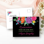 Save the Date Fiesta Bloemen Zwart en Bloemen Aankondigingskaart<br><div class="desc">Floral Bewaar de Date Briefkaarten met waterverf fiesta bloemen, die voor elke gelegenheid kunnen worden aangepast. Deze zwarte kaart heeft een overvloed aan kleurrijke bloemen, elegant roze schrift en moderne typografie. Een prachtig bloemontwerp inclusief pioen, roos, fuchsia, lelie en groen in tinten roze, paarse, oranje, geel, groen en blauw. De...</div>
