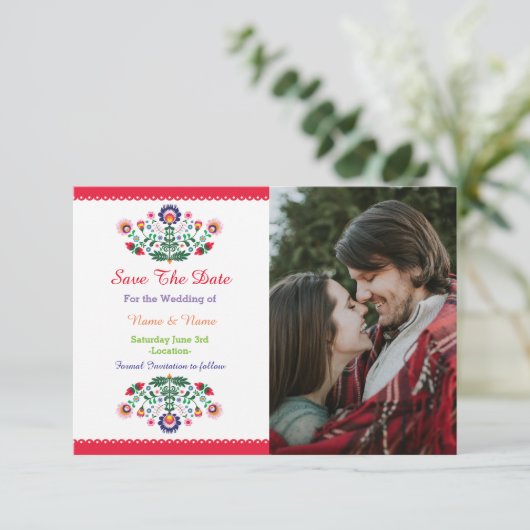 Save The Date Fiesta Mexicaanse Bloemige Trouw Uit (Staand voorkant)