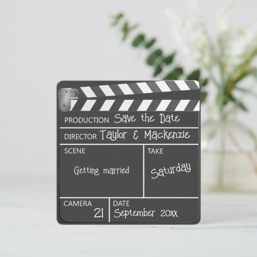 Save the Date Film Clapperboard Wedding Kaart (Staand voorkant)