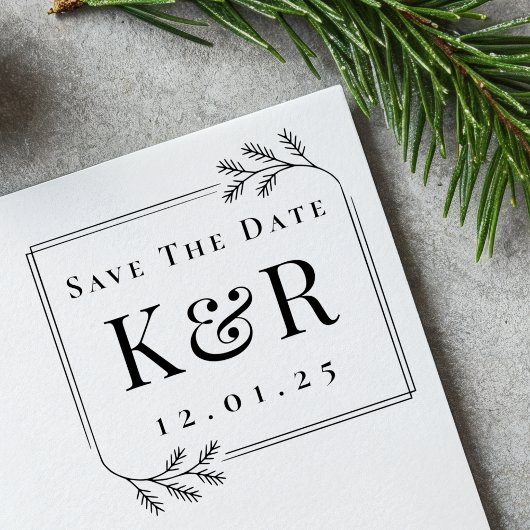Save the Date Fir Frame Winter Wedding Monogram Rubberstempel