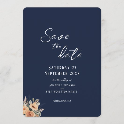 Save the Date flat card - Elegant bloemig diepblau (Voorkant)