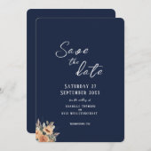 Save the Date flat card - Elegant bloemig diepblau (Voorkant / Achterkant)