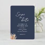 Save the Date flat card - Elegant bloemig diepblau (Staand voorkant)