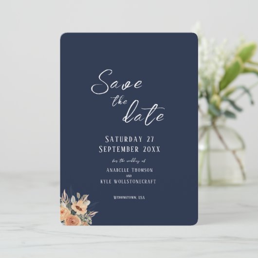 Save the Date flat card - Elegant bloemig diepblau (Staand voorkant)
