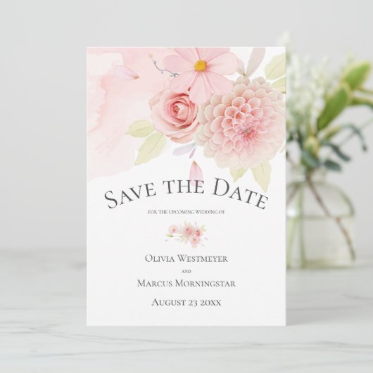 Save the Date Floral Bord Blush Pink Kaart (Staand voorkant)