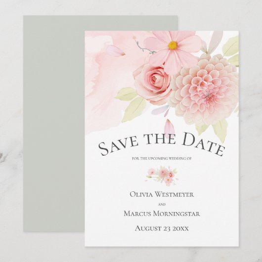 Save the Date Floral Bord Blush Pink Kaart (Voorkant / Achterkant)