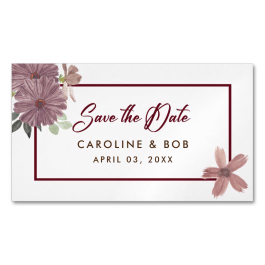 Save The Date Floral Burgundy Mini Magnet Magnetisch Visitekaartje (Voorkant)