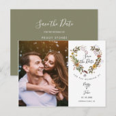 Save the Date Floral Heart Garland Foto Aankondigingskaart (Voorkant / Achterkant)