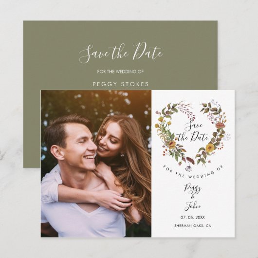 Save the Date Floral Heart Garland Foto Aankondigingskaart (Voorkant / Achterkant)